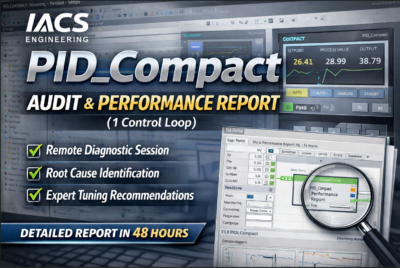 Siemens PID_Compact audit and performance report service showing TIA Portal interface and SCADA controller faceplate with trend analysis