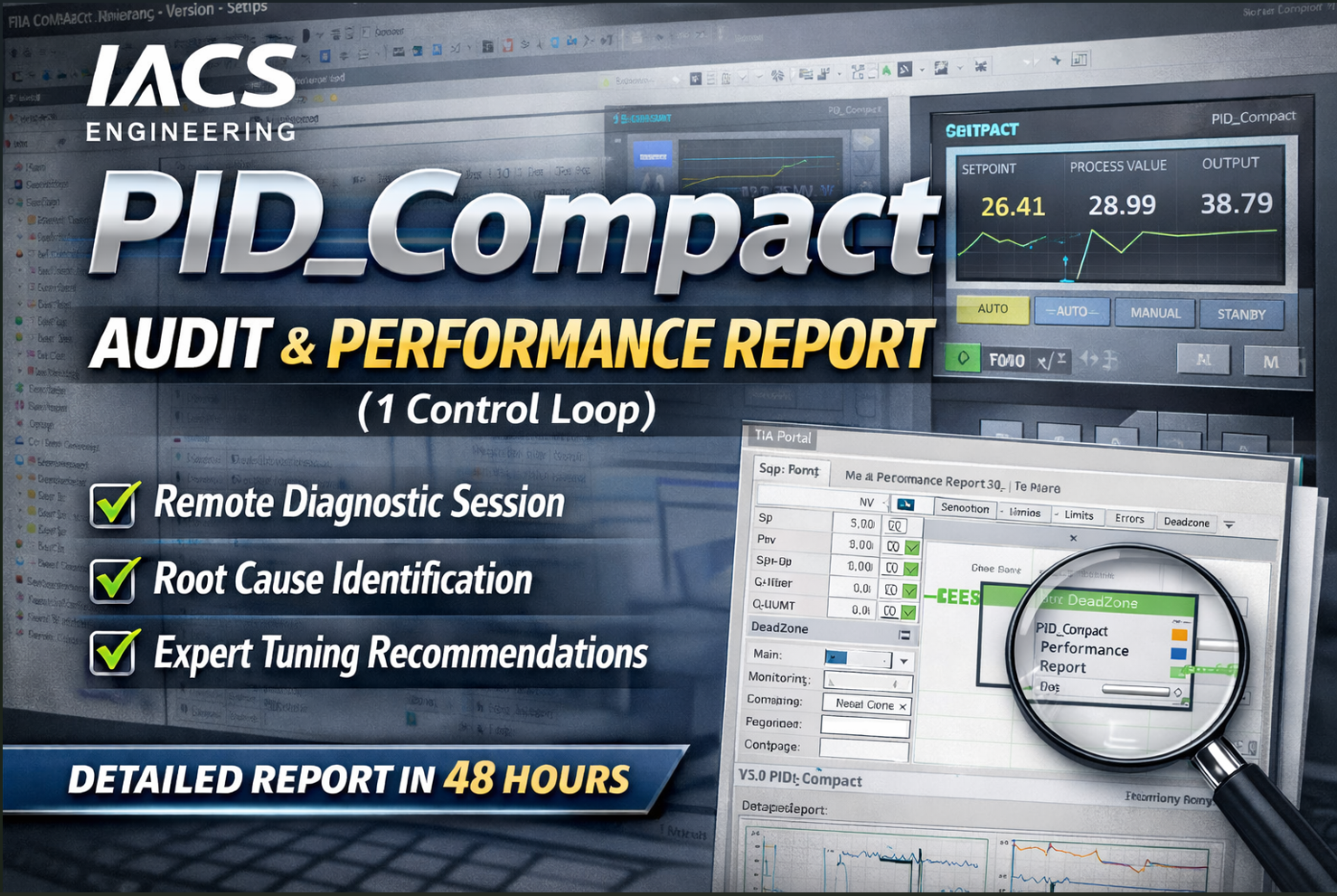 Siemens PID_Compact audit and performance report service showing TIA Portal interface and SCADA controller faceplate with trend analysis